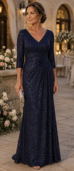La Femme Navy Sequin Ruched V-Neck Evening Gown Dress Size 14 thumbnail 1