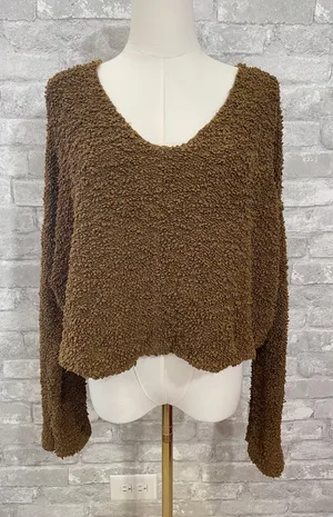 Free People Popcorn Pullover V-Neck Sweater in a moss Brown thumbnail 1