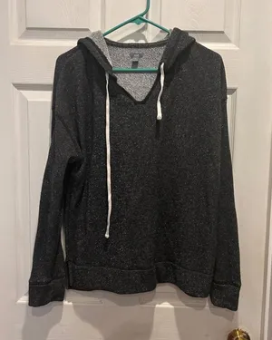 Aerie Womens Large Charcoal Gray Metallic Sparkle V-Neck Pullover Hoodie L thumbnail 1