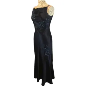 Y2K Alex Evenings navy beaded slip cowl neck floral satin formal Gown small thumbnail 8