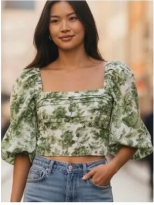Abercrombie & Fitch Green Floral Puff-Sleeve Crop Top thumbnail 1