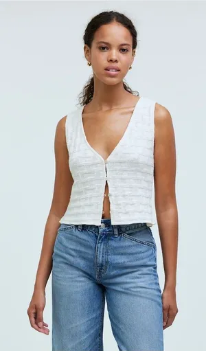 Madewell White Textured V-Neck Button Front Tank thumbnail 1