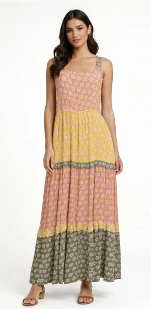 Kiwi + Punch floral patchwork tiered maxi dress Sz M thumbnail 1