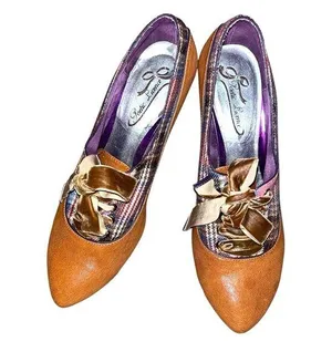 Poetic Licence Heels Victorian Tan Leather Velvet Lace Up Retro thumbnail 1