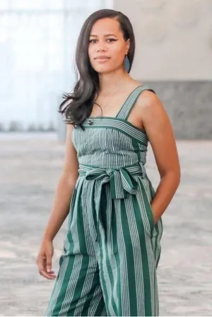 Anthropologie Pleated Green Stripe Linen Jumpsuit Payal Pratap Wide Leg 4 thumbnail 4
