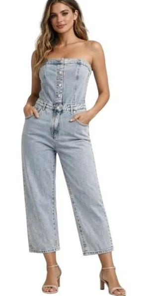 The Post Strapless Denim Jumpsuit S Light Wash Button Front Wide Leg‎ Y2K thumbnail 1