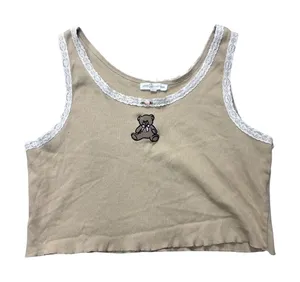 Love & Lazy Days Tank Top XL Teddy Bear Tan Lace Trim‎ Cropped Camisole Y2K thumbnail 1