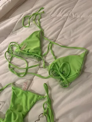 Neon Green Towel Cloth Material Silver Heart Tie String Cheeky Two Piece Bikini thumbnail 4