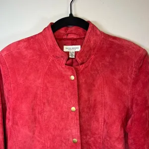David Brooks Suede Jacket Red Snap Front Pockets Moto Minimalist Sz Large Petite thumbnail 2