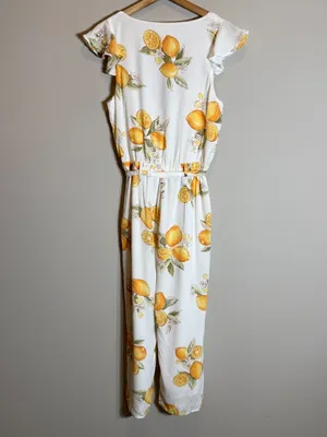 For Love & Lemons Limonada Tie-Front Jumpsuit Women's Medium White Lemon Print thumbnail 13