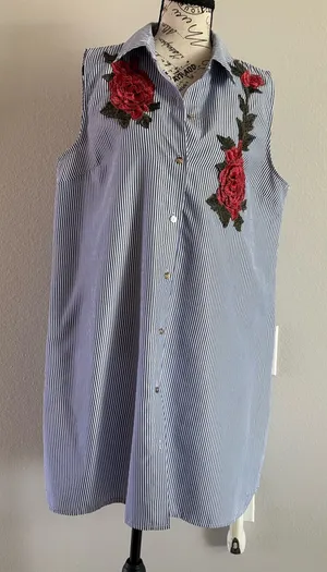 Sleeveless Blue Stripe Shirt Dress with Red Rose Embroidery thumbnail 1