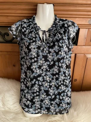 LOFT Women's Short Cap Sleeves VNeck Blouse Top Blue Floral Print l thumbnail 1
