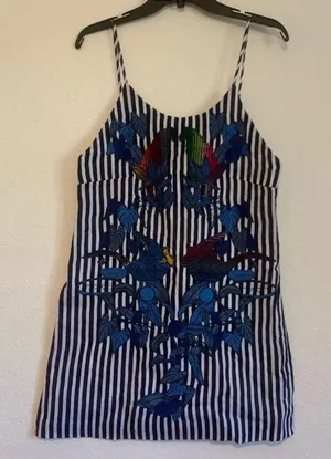FARM Rio Striped Mini Dress Embroidered Birds Toucan Linen Cover Up Resortwear thumbnail 1