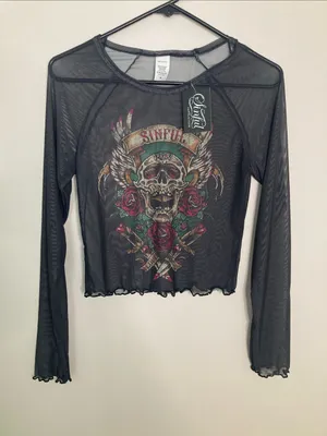 SinfulBlack Sheer Long Sleeve Crop Top with Red Rose & Gold Skull Graphic thumbnail 1