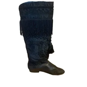 Vintage 1980'S Black Leather Fringe & Ricrac Knee High Boots (36.5) thumbnail 11