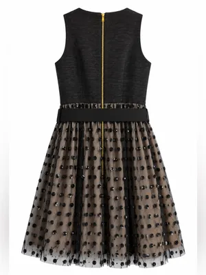 Eliza J Cocktail Dress Womens 6 Black Tan Excellent Sequin Polka Dot Belted thumbnail 6