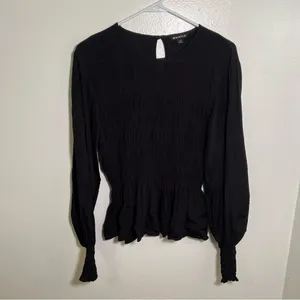 Whistles‎ Women's Size 10 Black Rosanna Shirred Top Long Sleeve Crewneck Keyhole thumbnail 6