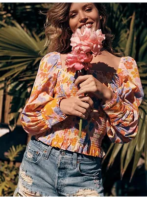 Free People 100% Cotton Floral Smocked Puff-Sleeve Top in Lavender & Orange thumbnail 3