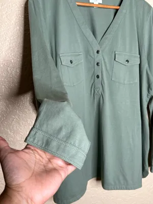 🩷 J. Jill Women Henley Top Large Green Long Sleeve V-Neck Utility Pockets Cotton thumbnail 7