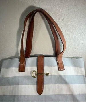 Fossil Rachel Blue Gray /Cream Coated Canvas KEY Leather Shoulder Tote Bag thumbnail 6