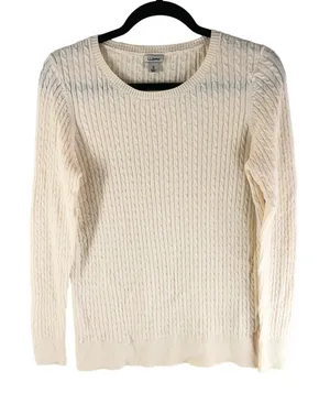 LL Bean Womens Sweater Cotton Wool Blend Cable Knit Scoop Knit Ivory M thumbnail 1