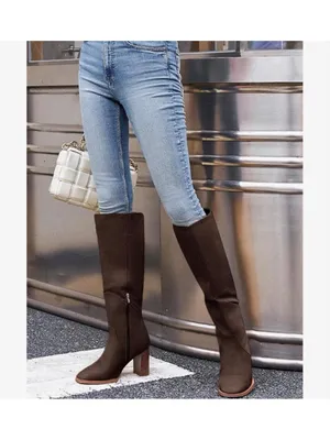 NEW Knee High Square Toe Chunky Block Heel Side Zipper Vegan Suede Boots 10 thumbnail 3