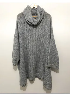 Free People Oversized Gray Cowl Neck Turtleneck wool alpaca Tunic Sweater m/l thumbnail 2