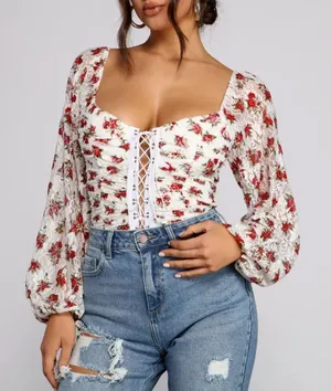 Windsor Lace and Love Floral‎ Corset Tie Up Bodysuit thumbnail 1