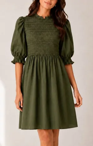 Hill House Home Ellie Nap Olive Green Smocked Puff Sleeve Mini Dress thumbnail 1