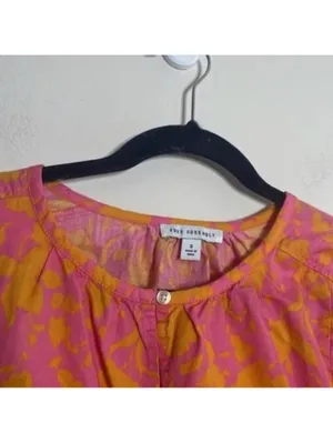 Free Assembly Pink and Orange Floral Shirred Short Sleeve Dress Pockets thumbnail 4