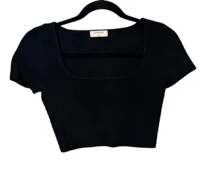 Babaton Aritzia Black Ribbed Square Neck Crop Top Short Sleeve Small 92536 thumbnail 1