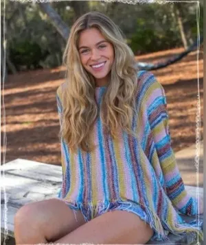 Natural Life Santa Fe Pullover Sage Stripe Boho Sweater Top with Fringe Bottom thumbnail 1