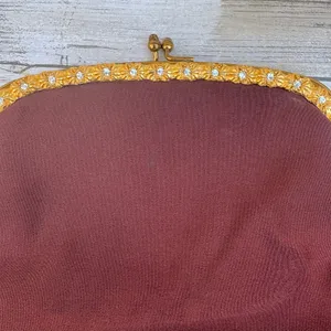 American Vintage VTG 60s Garay Purse Clutch Brown Fabric Gold Flowers Rhinestone‎ Kisslock MCM thumbnail 3