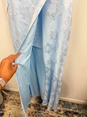 Azazie Slate Blue Floral Jacquard Maxi Flutter Sleeves High Slit Dress Size 10 thumbnail 5