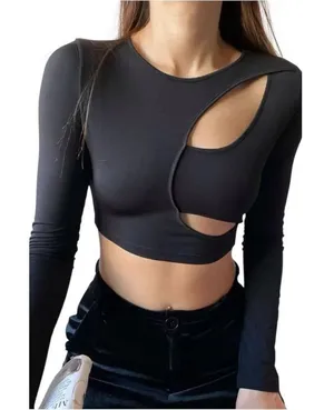 Womens Shein Icon Black Hollow Out Long Sleeve Crop Top Blouse - Sz S thumbnail 1