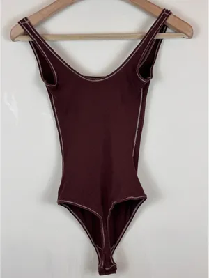 SKIMS Cotton Rib Bodysuit Chocolate Brown Scoop Neck Thong Size S thumbnail 7