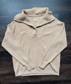 Aerie Beige Cowl-Neck Button Pullover Sweater thumbnail 1