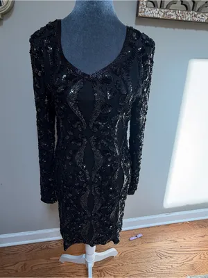 Vintage silk long sleeve black fully beaded dress gown cocktail party elegant thumbnail 2