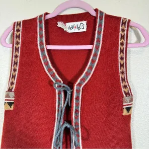 Vintage 70s Vicki Volts Red Grey Sweater Vest Womens S Fall Warm Hippie Folk thumbnail 8
