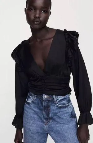 Black Ruffle Long Sleeve Top thumbnail 1