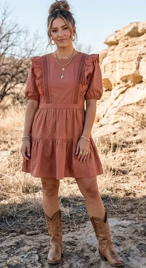 ​NWT English Factory Terracotta Lace Inset Puff Sleeve Tiered Boho Mini Dress L thumbnail 1