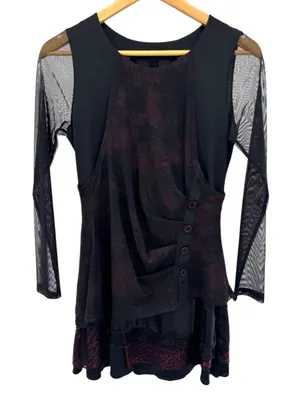 Gothic Whimsygoth Boho Mesh Layered Asymmetrical‎ Tunic Top Black Red Lace M/L thumbnail 1