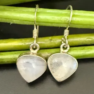 Vintage 925 Sterling Silver Small Heart Moonstone Drop Earrings 3.6g thumbnail 3