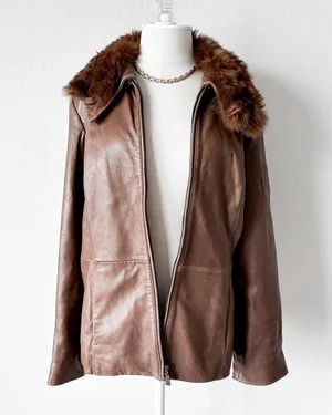 Vintage Brown Rabbit Fur Genuine Leather Moto Jacket Coat Size L thumbnail 4