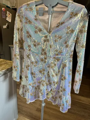 Iridescent white and gold Sequin Mini Dress with Gold Stars thumbnail 1