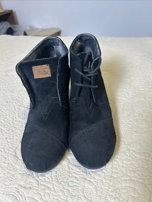 Toms Black Suede Lace-Up Ankle Booties with Tan Logo Patch thumbnail 2