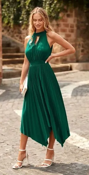 ✨Women Midi Dresses Green Sleeveless Halter Irregular High Waist Sz L Sundress✨ thumbnail 1