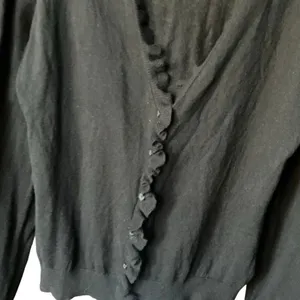 Lauren LRL Black Ruffle V-Neck Cardigan Cashmere Wool Blend Med #763 thumbnail 3