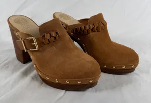 Vince Camuto Crashell Tan Suede Platform Clogs Braided Buckle Mules Studded 9.5 thumbnail 1