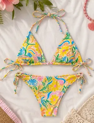 Aurelle‎ Floral Bikini Set Size Large Retro Tropical Tie Side Swim Set thumbnail 1